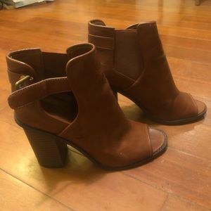 Brown leather peep toe heels, women’s size 8.5
